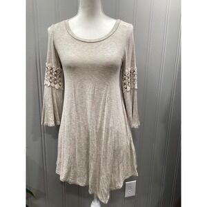 Emerald USA Women's Beige Crochet Sleeve Tunic Top Size S